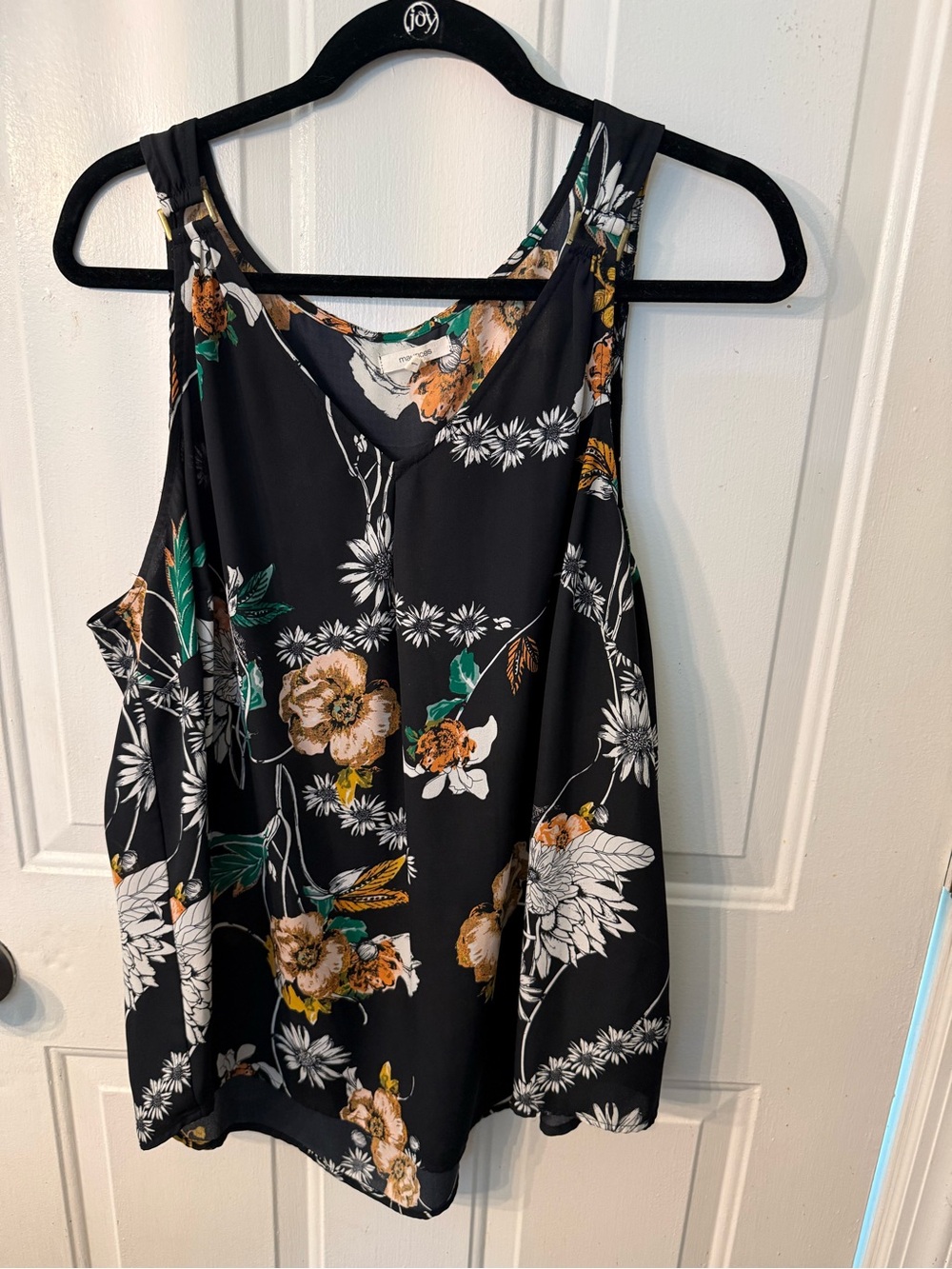 Maurices Black Floral V-Neck Tank with Green and Gold Accents
